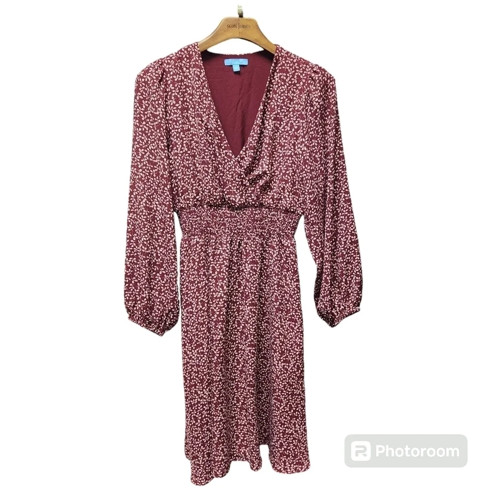 Draper James RSVP Burgundy/White Ditsy Print Smocked Waist Aline Dress Sz. Med - Picture 2 of 9